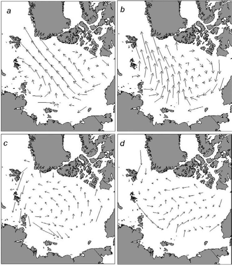 Figure 4.12. Mean resulting ice-drift pattern for summer (a) and winter (b) during the warm epoch and the difference between ice-drift vectors during the warm and cold epochs for summer (c) and winter (d).