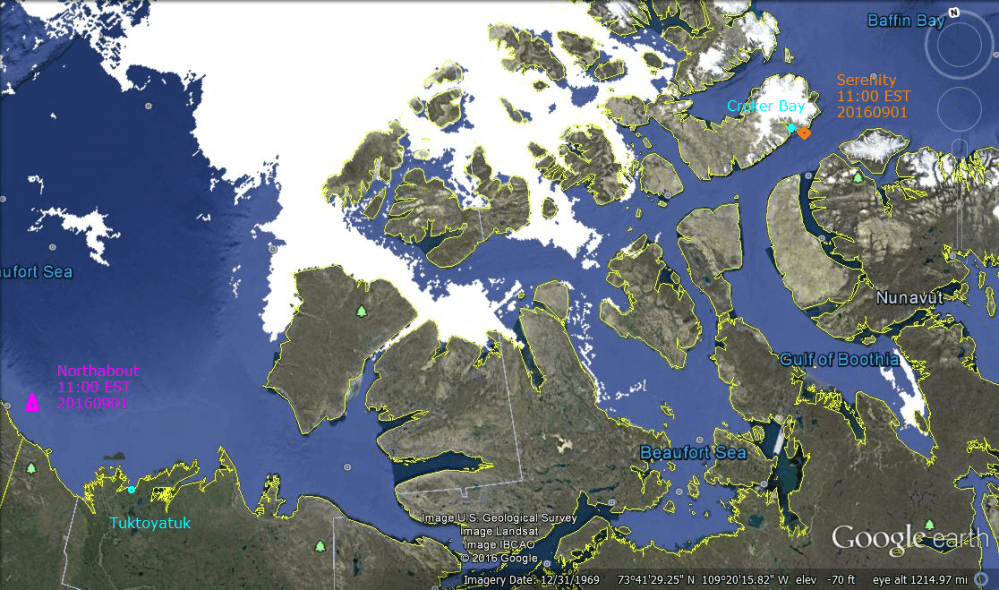 Imagery date refers to Google Earth capture of land forms. Ice extent is for August 31, 2016 from MASIE. Serenity is docked at Devon Island. Click to zoom in. 